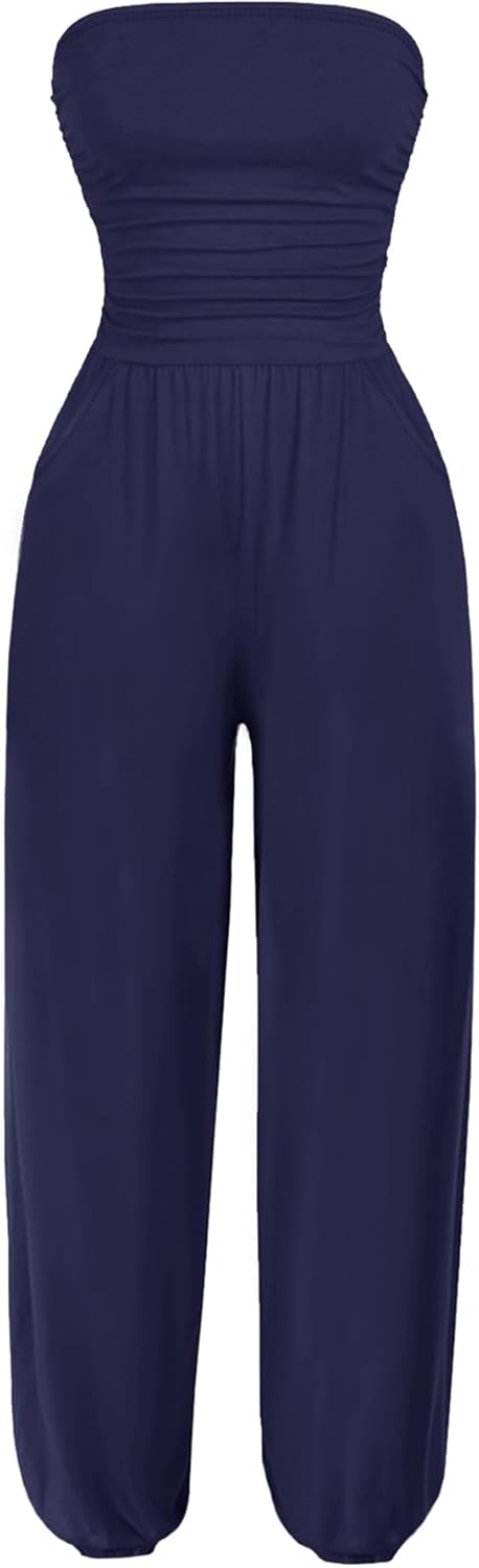 AUXDIO Women's Casual Summer Strapless Jumpsuits Off Shoulder Sleeveless Backless 2026 Romper with Pocket