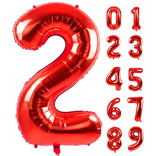 40 Inch Large Red Number 2 Balloon Extra Big Size Jumbo Digit Mylar Foil Helium Balloons for Birthday Party Celebration Decorations Graduations Wedding Anniversary Baby Shower Supplies Photo Shoot