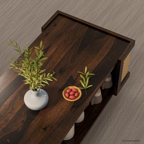 Image of Sudha Solid Sheesham Wood Coffee Table & Centre Table, Walnut Finish | Open Storage Shelf, Natural Rattan Cane Sides, Wooden Center Table for Living Room, Solid Sheesham Wood