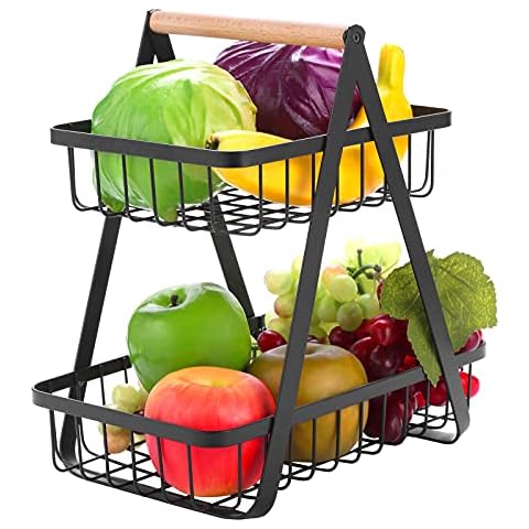 Awekris 2-Tier Metal Countertop Fruit Basket Fruit Bowl Bread Basket Vegetable Holder for Kitchen Storage, Black Cover