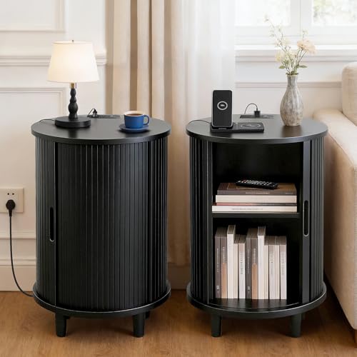 Image of DHH End Table Set of 2 with Storage & Charging Station, Fluted Accent Side Table with Sliding Door & Adjustable Shelf, Mid-Century Nightstand for Small Spaces, Living Room, Bedroom(2, Black)