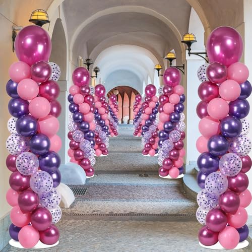 Image of 2 Sets Pink and Purple Balloon Column Stand Kit with 102 Balloons Adjustable Balloon Tower Stand with Bases for Floor Confetti Balloons Column Kit for Graduation Birthday Appreciation Party Decor