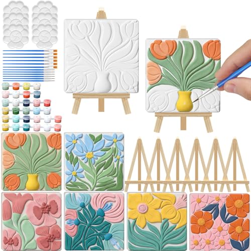 JellyArch 6 Set 3D Flowers Ceramic Painting Kit Ready to Ceramics Make Your Own Crafts Flower Artworks Unpainted Plaster Painting Acrylic Paints Brushes Easel Palette Party Favor