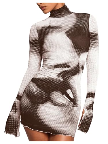 Image of GORGLITTER Women's Long Sleeve Club Going Out Dress Y2K Vegas Rave Outfits | Mesh Mini Dresses, Clubbing Outfits for Women, Black and White Dresses, Rave Y2K Dresses