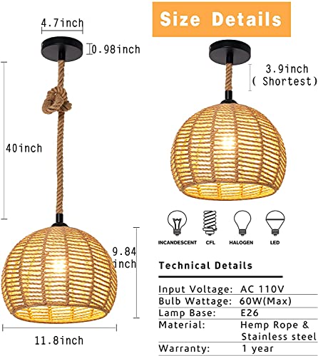 Plug in Pendant Light-Rattan Pendant Lights-Pendant Light Shade - Boho lamp Rattan Pendant Lights, Basket Light Fixture, Hanging Lamp, for The Living Room Kitchen Island Foyer Bedroom Hallway - Image 2