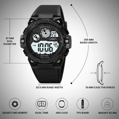 Image of V2A DIGITRON-VOLTRIX 2837 Digital Watch for Men | Bold Patterned Case Design | Dual Time Sports Watch with Countdown, Backlight & 50M Waterproof