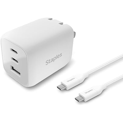 Staples TECH GaN Wall Charger, 65W – USB‑A & USB‑C Fast Charging, Includes Charging Cable, Compact Power Adapter for iPhone, Samsung, iPad & USB‑C Devices