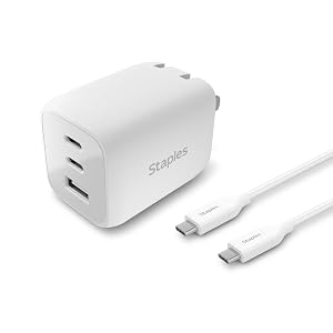 Staples TECH GaN Wall Charger 65W USB A USB C Fast Charging Includes Charging Cable Compact Power Adapter