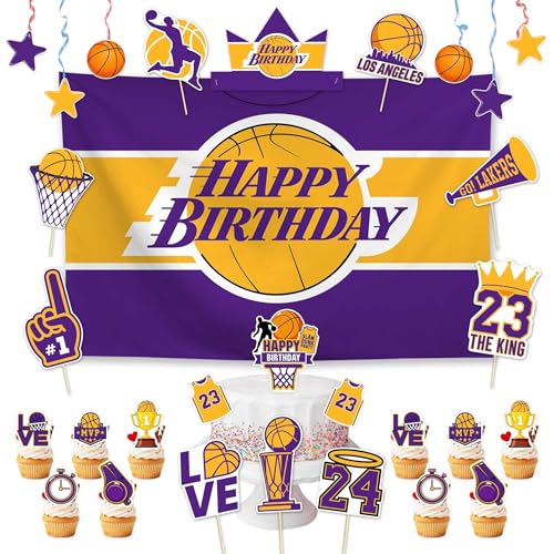 Allenjoy Purple Gold Basketball Sports Party Decorations Set with Backdrop Headbands Masks Cupcake Toppers Hanging Swirls and Photo Booth Props Party Supplies and Favors for Chirstmas Birthday