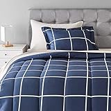 Amazon Basics 5-Piece Lightweight Microfiber Bed-In-A-Bag Comforter Bedding Set - Twin/Twin XL, Navy with Simple Plaid