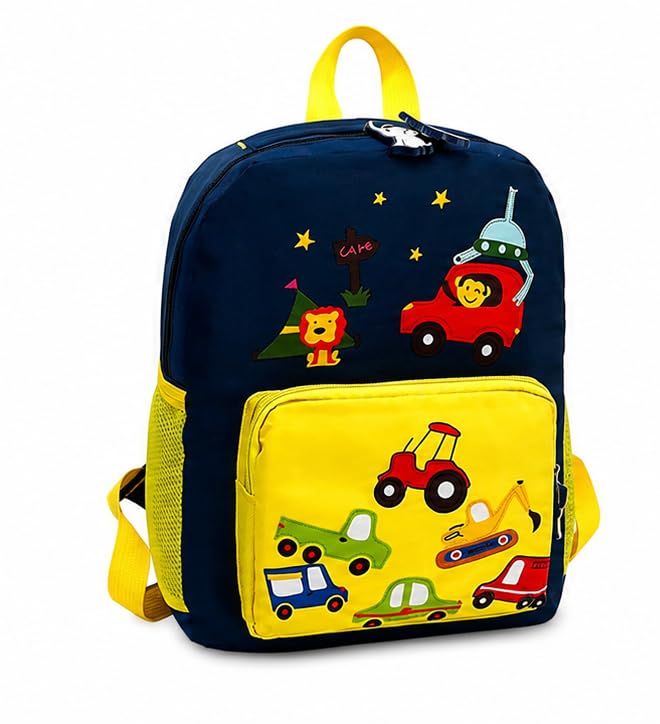 Kids Vehicle Theme Backpack – Blue School Bag with Cartoon Cars, Tractor and Construction Vehicle Design-image-48