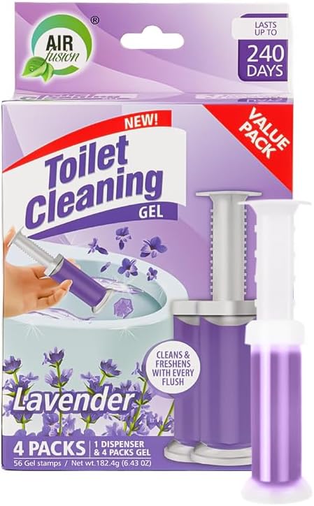 Toilet Cleaning Gel Pine Scent. Pack of 4 (6.43oz) with 56 Gel Stamps for Continuous Toilet Cleaning, Deodorizing & Fruity Freshness.