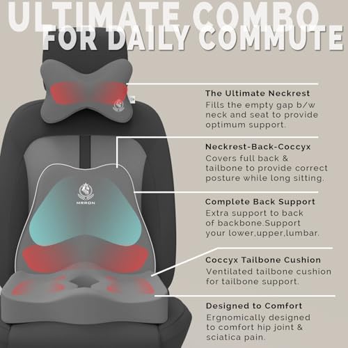Image of MRRON Memory Foam Car Seat Cushion Combo - Backrest, Coccyx Cushion & Neckrest - Orthopedic Support for Back, Sciatica & Neck Pain - Ergonomic Comfort for Car, Office. (Grey, Slim Backrest)