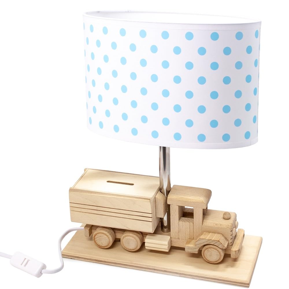 HELLUX Nachtlicht Baby mit Sparschwein aus Holz | LED Tischlampe Kinderzimmer mit Auto-Design | Nachttischlampe Kinder 32x27x14 cm für Babyzimmer | Kinder Lampe E27 (Blauen Punkten)
