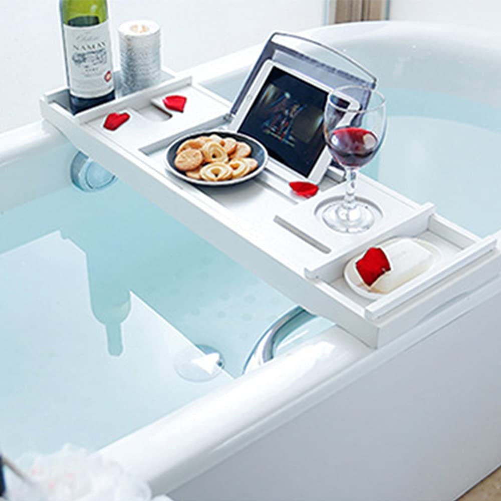 Vasca da bagno estensibile in bambù, vassoio antiscivolo per vasca da bagno, per spa, per vino, tablet, lettura, vasca da bagno (grigio)