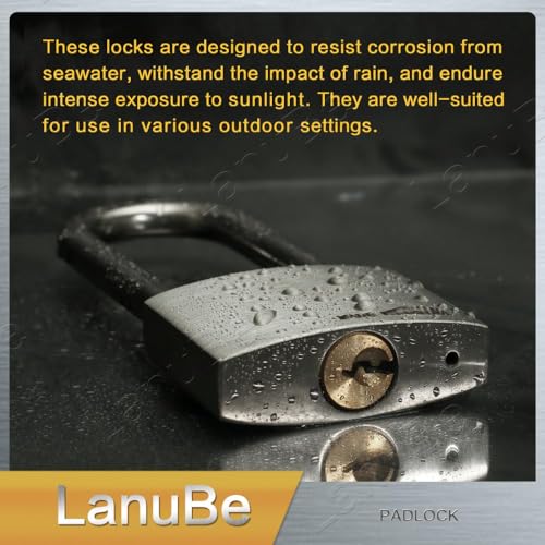 Image of LanuBe 304 Stainless Steel Keyed Alike Padlocks for Outdoor use, Pin Tumbler Padlock, 2 inch Wide Body, Stainless Steel Body Long Shackle, Pack of 1