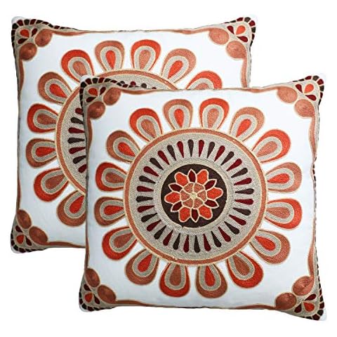 Jahosin Decorative Set of 2 Throw Pillow Covers,Thick Cotton White Canvas Floral Embroidered Pillowcases Square Sofa Cushion Cover for Livingroom 45x45cm(cixiuFlower) Cover