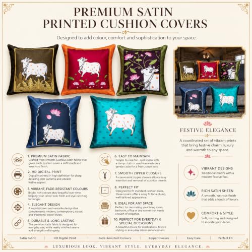 Image of Decorative Satin Sofa Cushion Covers Set of 5, 18 Inch x 18 inch, Sofa Pillow Cover, Ethnic Festive Cow Pichwai, Multicolor, Rajasthani Design, Zipper Closure (Cattle, 18x18 Inches)