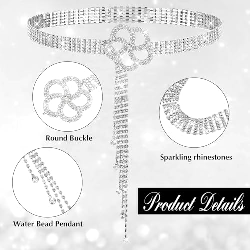 JIEYAO Large Rhinestone Waist Belt for Women, Silver Crystal Chain Belt Adjustable Sparkle Dressy Belts With Flower Buckle4