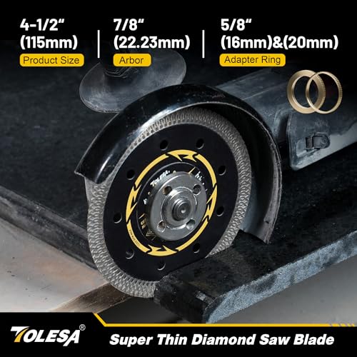 TOLESA 115mm Diamond Cutting Disc, Super Thin Porcelain Cutting Disc for Angle Grinder, 4.5" Diamond Tile Cutting Disc for Marble and Granite - 22.23mm Arbor, 20mm & 16mm Adapter Ring (3-Pack) - Image 4