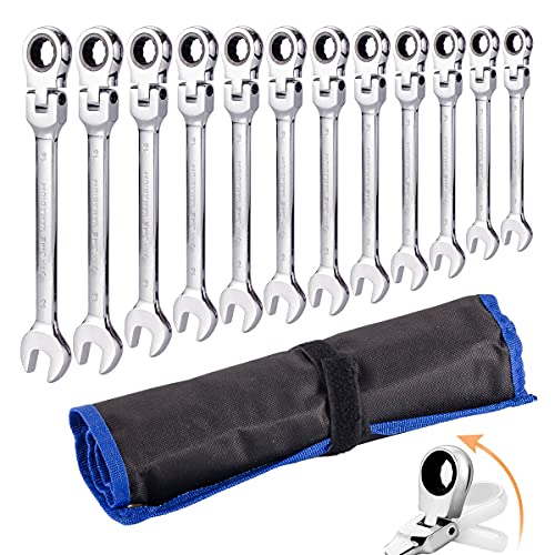 Qnkaa Ratchet Spanner Set 12pcs Metric Flexible Combination Wrench with Gear Ring Open-end Box-end Flex Flexi Head DIY Hand Tools Kit in Roll Bag 8-19mm