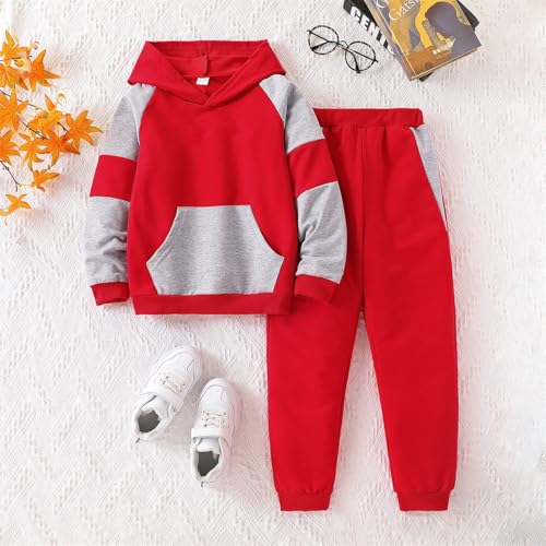 Image of 5-11Y Boys Clothes Long Sleeve Hooded Pullover Colorblock Sweatshirt + Pants 2pcs Fall Winter Outfit Set