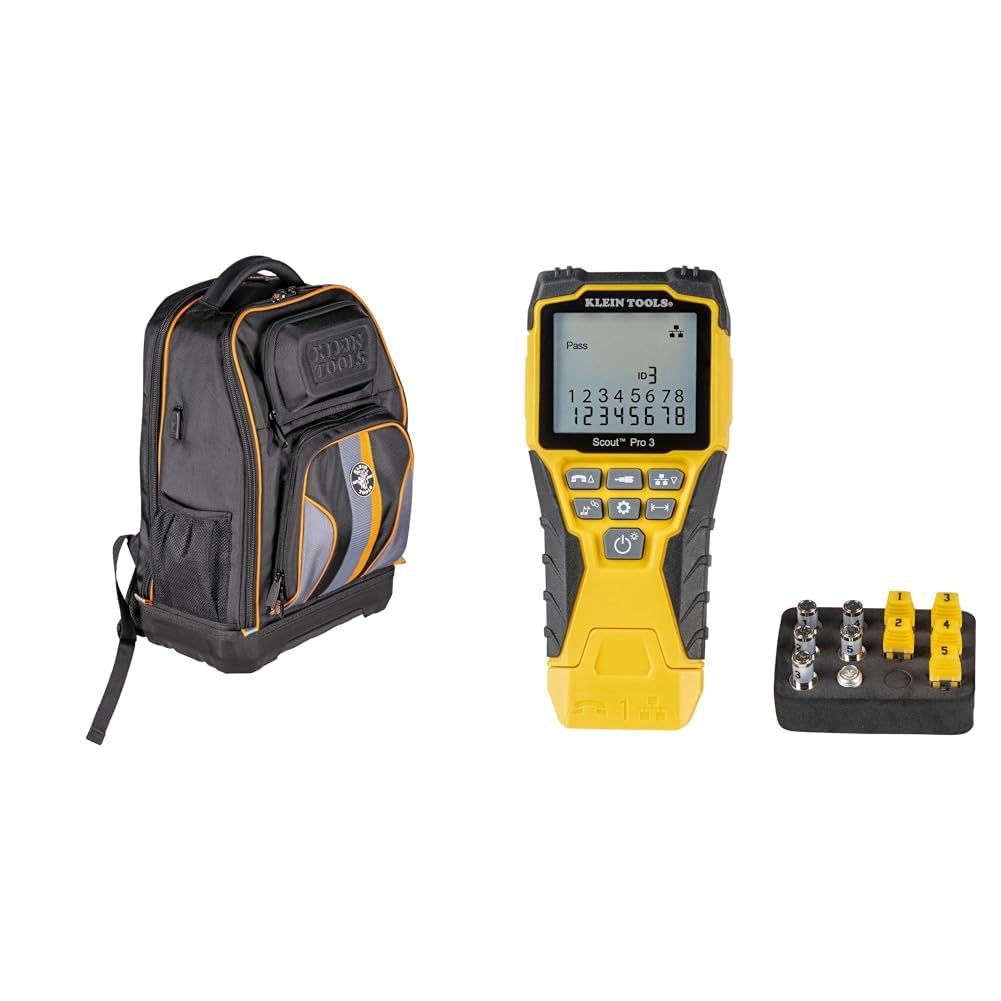Klein Tools Laptop Backpack Tool Bag with Cable Tester Kit Tradesman Pro Extra-Large 28-Pocket Tech Tool Backpack with