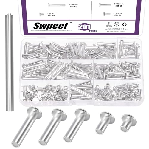 Swpeet 201Pcs 5 Sizes M5×6mm/12mm/20mm/25mm/30mm Aluminum Flat Head Semi Tubular Rivets with Punch Assortment Kit, Round Flat Head Semi Tubular Rivets in Silver Tone for Craft Repairs and Decoration