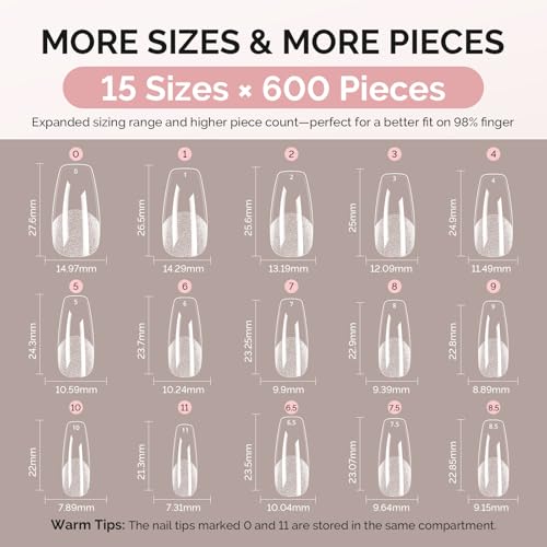 Image of MelodySusie Medium Coffin X Nail Tips - 600Pcs 15 Sizes Clear Acrylic, Half Matte Full Cover Press on Nails for DIY Extension & Salon Use, Pre-Shaped for Long-Lasting Manicure