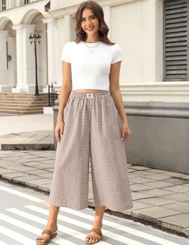 Image of TARSE Women Wide Leg Capri Pants Loose Gingham Plaid Culottes Summer Elastic Waist Palazzo Trousers Bottoms with Pockets