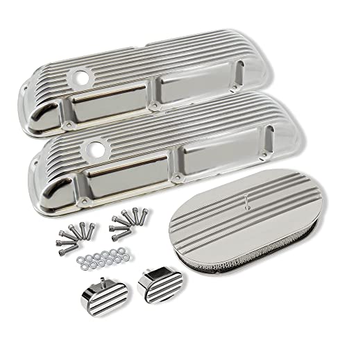 Demotor Performance Finned Polished Aluminum Short Valve Covers For Sbf 289 302 351W & 15" Air Cleaner Kit With Breathers #TOP9