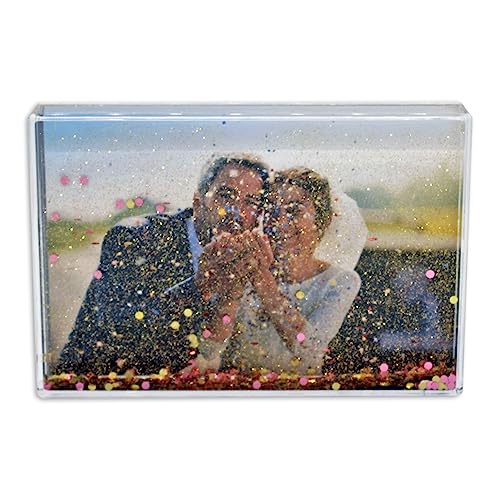 Cadre photo pailleté en acrylique - Peut contenir 10 x 15 cm - Bloc photo de bureau transparent sans cadre avec confettis (or rose) - Cadeau personnalisé idéal pour un mariage