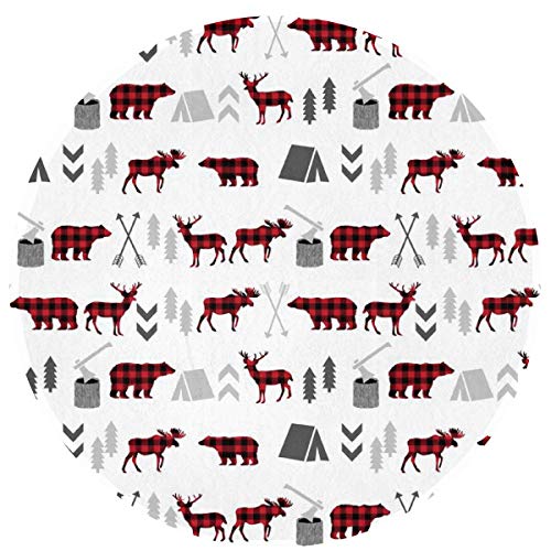 Image of Super Soft Round Area Rug Decor Circular Non-Slip Mat for Living Room Bedroom Children Playroom Bathroom Mat Water Absorbent Carpet Buffalo Plaid Woodland Moose