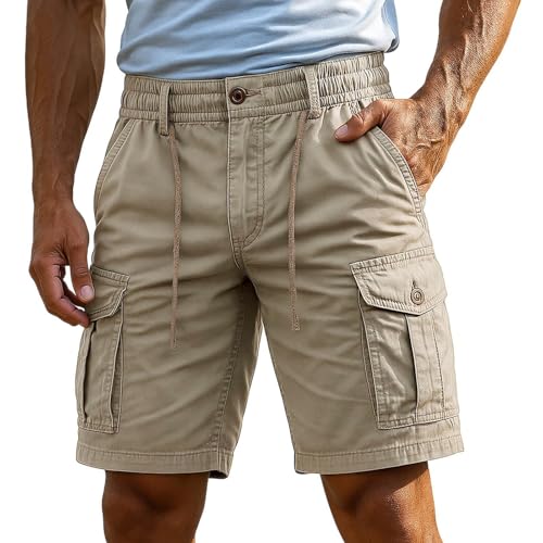 Image of Men's Classic Cargo Shorts with Zip Button Closure, Multi-Pocket Design for Outdoor Sports & Work, Lightweight Summer Trousers, Quick-Dry Fabric (Khaki, L)