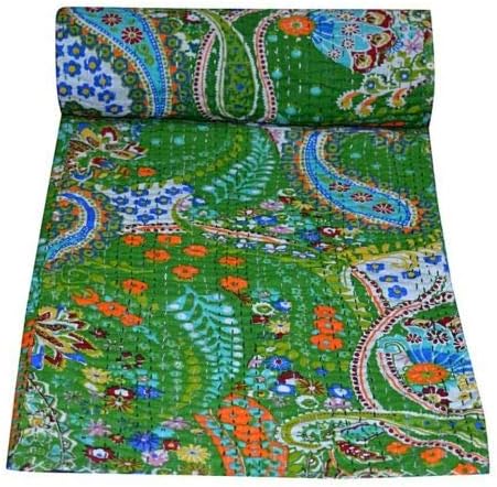 Bhagyashri Fashions Indian Handmade Cotton Green Paisley Design Kantha Quilt Tribal Bed Cover Reversible Bedspread Blanket Picnic Throw Floral Coverlet 90x60 Inches