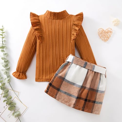 Image of Weixinbuy Toddler Girl Fall Winter Clothes Solid Long Sleeve Ribbed T-Shirt Knit Tops Plaid Button Mini Skirts Set Outfits