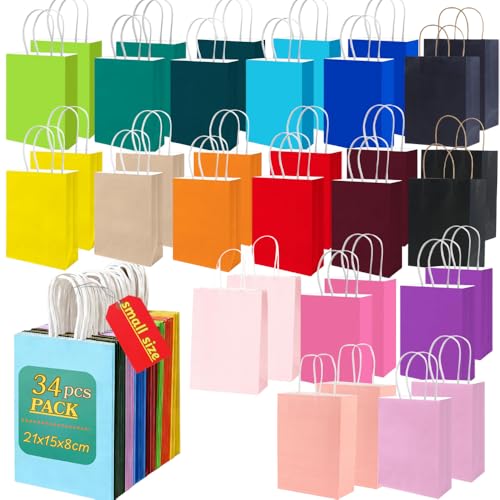 CLOUDFOUR Party Kraft Paper Bags set of 34 Pcs Size 21x15x8 cm Eco-friendly Paper Gift Bag for Kids Birthday Wedding Party Supplies Rainbow Kraft Paper Goodie Bags Multi Color Party Favor Bags