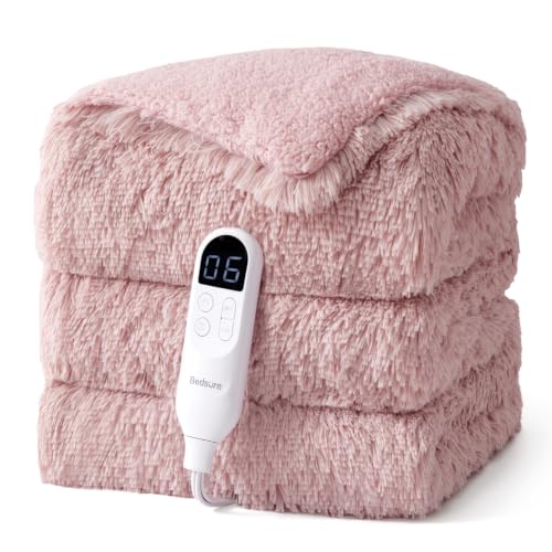 Image of Bedsure Faux Fur Heated Blanket Full, Long-Pile Electric Blanket, Pink