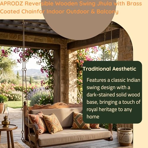 Image of APRODZ Swing for Home Reversible Sheesham Wooden Jhula for Adult for Home | Wooden Swing for Balcony | Hanging Swings with Brass Coated Chain | Patio Double Seater Indoor /Outdoor Swing, 132 x 61 cm