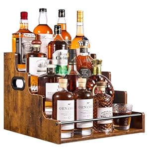 4-Tier Liquor Bottle Display Shelf, Coffee Syrup Rack Organizer, Water Bottle Organizer, Mini Bar Cabinet, Rustic Bar Shelves for Liquor Whiskey, Spirits