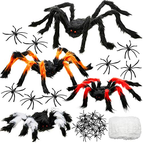 Halloween Spider Decorations Realistic Black Plush Scary Spider Web Set, 4 Pieces Fake Colorful Spiders with Spooky Halloween Spider Web Prop for Indoor Outdoor Creepy Decoration
