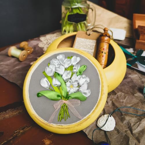 Image of FONNUY Ribbon Embroidery 3D Flowers Pattern Design Kit Embroidery DIY Handwork Set Oval Home Decoration (White Tulip)