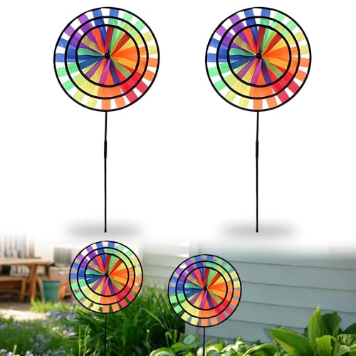 WRQIOO 2 Stück Windrad Garten Windspiel Garten Regenbogen Windspiel Windrad Bunt Gartenstecker Ø35cm/Ø25cm/Ø16cmx Höhe 72cm Windspielstecker für Balkon & Gar-Ten