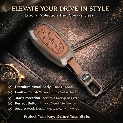 Image of Exclusive Metal Leather Key Cover Compatible with Hyundai Verna 2023 2024 | i20 Facelift N Line N8 Car 4 Button Smart Key Special Feature Visible in Low-Light Condition