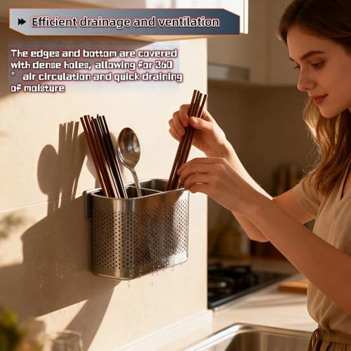 Image of 304 Stainless Steel Utensil Drainer, 2-Tier Silverware Drying Rack with Hooks, Anti-Rust Kitchen Sink Organizer & Cutlery Holder for Dishwasher, Countertop Space-Saving Storage, Brushed Finish