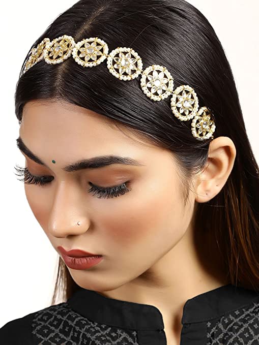 Gold-Plated Metal Traditional Floral Kundan Pearl Studded Beaded Head Chain/Paranda