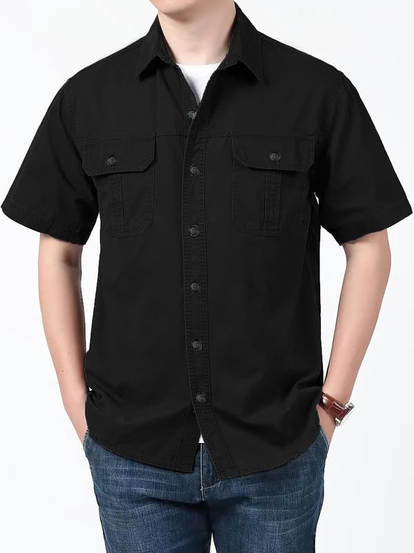 Image of SHIENZY Men's Regular Fit Solid Printed Cotton Casual Shirt || Half Sleeve, Double Pocket || Denim Jacket Style Fashionable Western Outfit