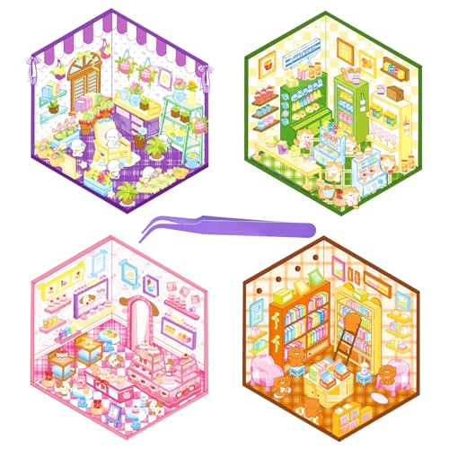 4 Sets Dog 3D Miniature Scene DIY 3D House Stickers with Tweezers - Make Your Own Store Dog & Cat 3D Sticker Scene