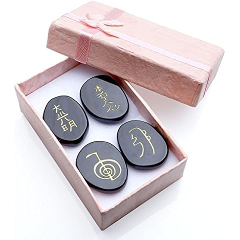 CrystalTears Black Agate Engraved Usui Reiki Symbols Chakra Stones Healing Palm Stone Decoration w/Box 4pcs Cover