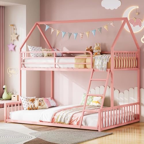 Image of LIKIMIO Bunk Bed Twin Over Full Size, House Bunk Bed Frame with Ladder and Guardrail, House Shaped with Metal Slats Support No Box Spring Needed Space Saving for Bedroom and Dorm, Pink